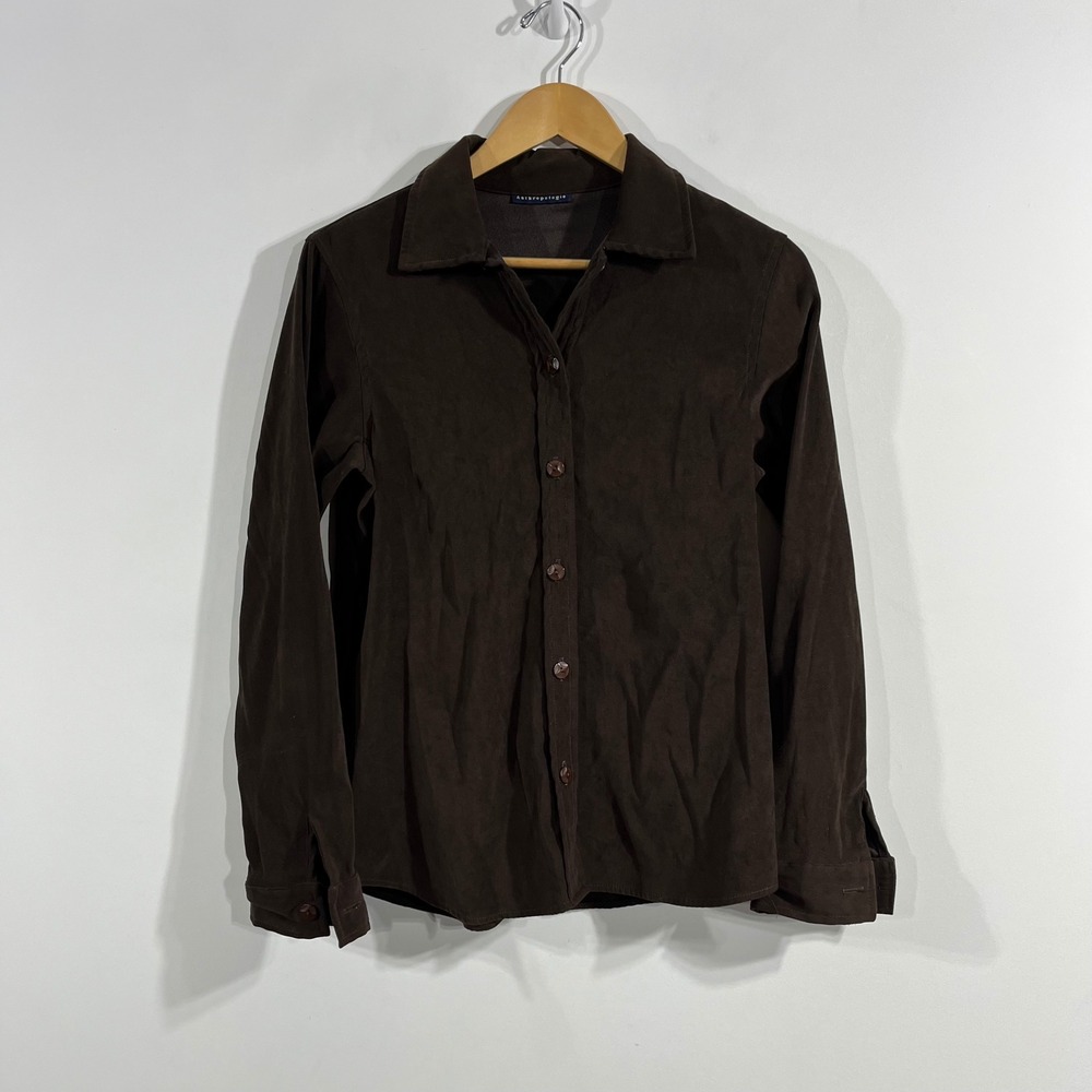 Anthropologie Y2K Brown Faux Suede Western Button Down Shirt Top Womens Medium